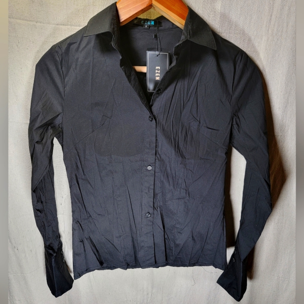 NWT EZEN Black Long Sleeve Button Down Stretch Shirt - Women's Size Small - NEW